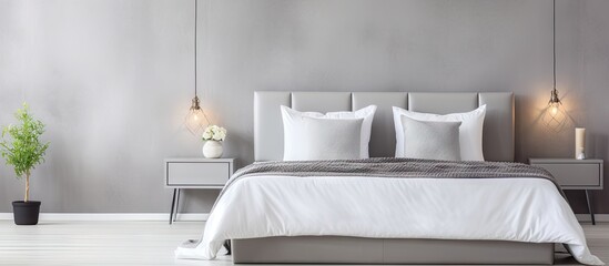 Contemporary bedroom with king size bed white sheets gray wrap on bed small silver cupboards with...