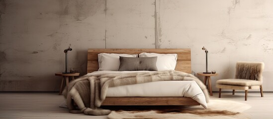 Empty luxury bedroom with wooden bed frame masculine wallpaper and fur blanket No people