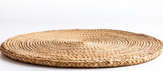 Fototapeta na wymiar Close up of oval water mat made of water hyacinth fabric Rustic eco friendly household decoration