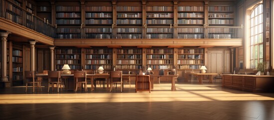 Rendering of a private library interior in - obrazy, fototapety, plakaty