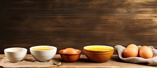 Cooking utensils on wood table used for pasta eggs The process of cooking