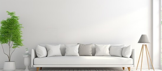 Fototapeta na wymiar Scandinavian interior design of a contemporary white room with a sofa depicted in