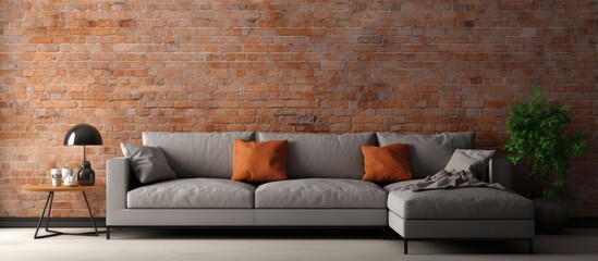Create a virtual replica of a living room with a big corner couch and brick wall backdrop image