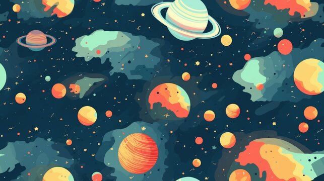 Space seamless repeat pattern background. Planets, stars, asteroids, in outer space. Generative AI