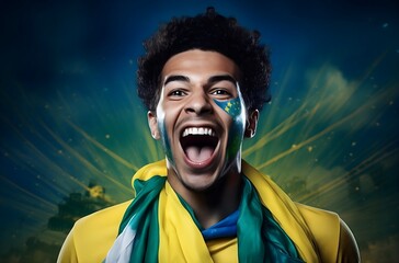 an ecstatic soccer fan wearing the brazilian flag