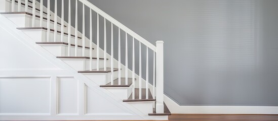 Narrow gray staircase with wooden railing and white walls seen from below