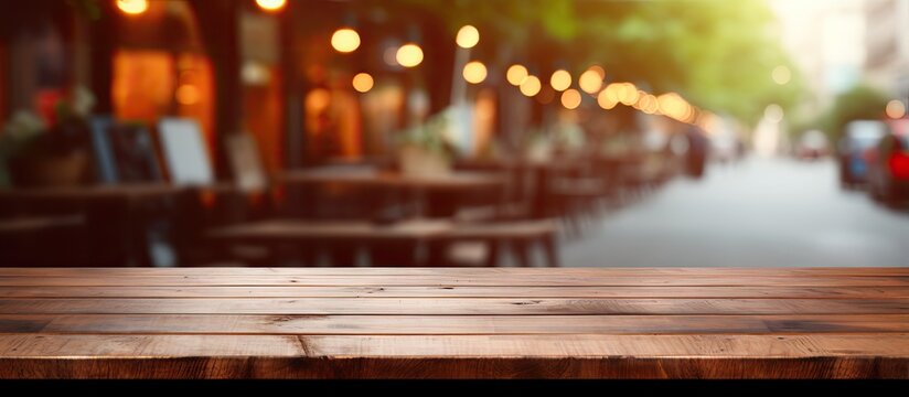 Blurry cafe backdrop with an empty wooden table