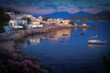 A generative AI illustration capturing the serene beauty of a Mediterranean coast at sunset. A picturesque scene of a Mediterranean coast at sunset