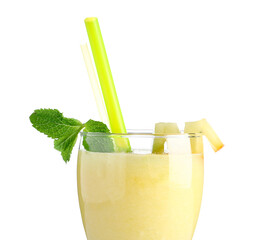 Glass of tasty melon smoothie with mint on white background