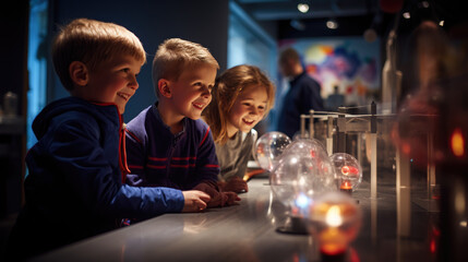 Generative AI, cheerful children watching a physics show in a science museum, entertaining chemical experiments, fun learning, boys and girls in the laboratory, schoolchildren studying the world