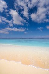 Tropical beach view. Calm and relaxing empty beach scene, blue sky. Tranquil nature. Summer seascape skyscape beautiful waves splashing on beach sand, blue sea water in sunny day. Meditation ocean