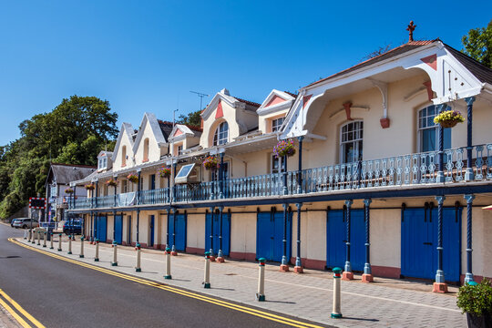 Boat houses of the Penarth Yacht Club on the Esplanade, Penarth, Vale of Glamorgan, Wales, UK