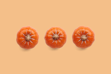 Three orange pumpkins on white background, autumn concept.