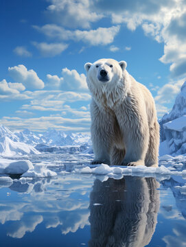 Klimawandel, Eisbär auf einer schmelzenden Eisscholle im Polarmeer, Generative KI