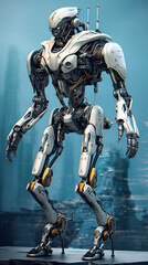 Gro&szlig;er Roboter mit Armen und Beinen in einer futuristischen Stadt, Generative KI