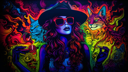 Fototapeta na wymiar Uv fluorescente reativa feminina gata arte tapeçaria luz preta hippie rock 