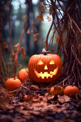 Grusselig geschnitzter und beleuchteter Kürbis, Kürbislaterne an Halloween, Generative KI