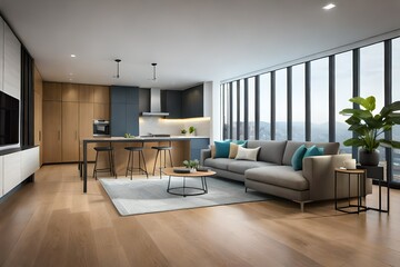 Modern residential living room and kitchen interior
