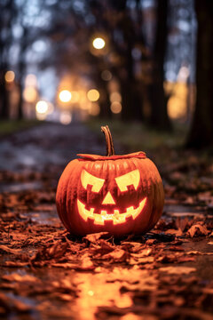 Grusselig geschnitzter und beleuchteter K&uuml;rbis, K&uuml;rbislaterne an Halloween, Generative KI
