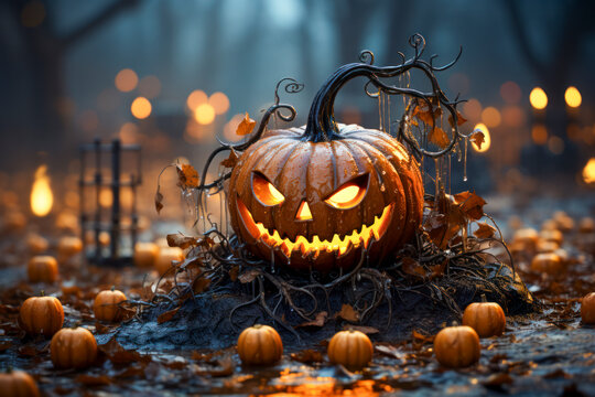 Grusselig geschnitzter und beleuchteter K&uuml;rbis, K&uuml;rbislaterne an Halloween, Generative KI