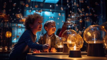 Generative AI, cheerful children watching a physics show in a science museum, entertaining chemical experiments, fun learning, boys and girls in the laboratory, schoolchildren studying the world