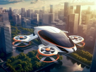 Obraz premium Zukunft der urbanen Luftmobilität, autonomes Lufttaxi, fliegt über einer futuristischen Stadt, Generative KI