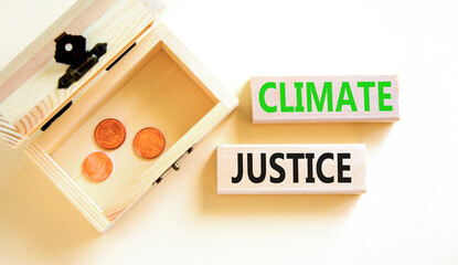 Climate justice symbol. Concept words Climate justice on beautiful wooden blocks. Beautiful white table background. Wooden chest with coins. Business environment climate justice concept. Copy space.