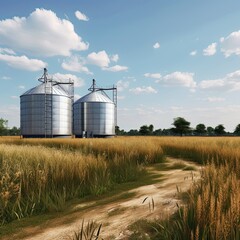 Fototapeta na wymiar Stocks of grain in granaries. Agriculture, grain deal concept, metal grain storage stands in a field