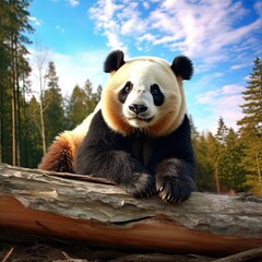 Obraz premium portrait of a panda bear sits on a log, in the forest. Wildlife of Asia