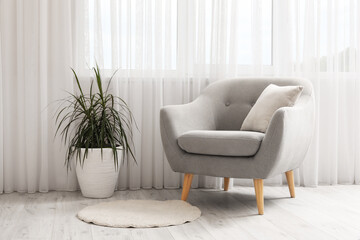 Comfortable armchair with plant near window in living room