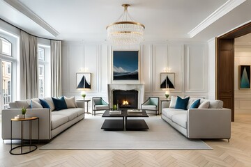 White, luxury home showcase interior living room with fireplace
