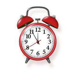 Red alarm clock on white background. Vector metal vintage ringing alarm clock on bright white background. Modern design 3d rendering. Vector