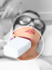 Naklejka premium Elos epilation hair removal procedure on the face of a woman. Beautician doing laser rejuvenation in a beauty salon. Facial skin care. Hardware ipl cosmetology