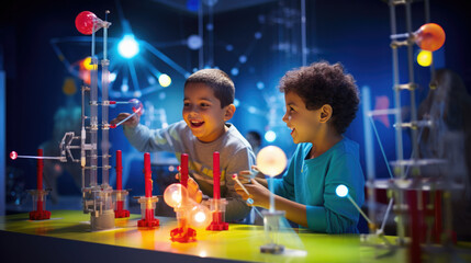 Generative AI, cheerful children watching a physics show in a science museum, entertaining chemical experiments, fun learning, boys and girls in the laboratory, schoolchildren studying the world