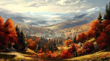 Beautiful autumn landscape in the mountains. 3d render illustration.