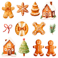 Fototapeta premium Watercolor of Christmas ginger bread cookies collection isolated on white background. Cut out PNG illustration on transparent background