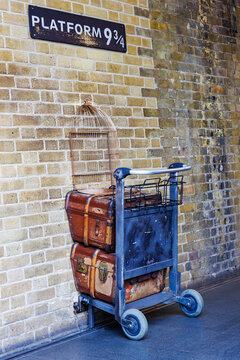 London, UK - May 20, 2023: Platform 9 3/4 at king's cross station. This is the British Rail homage to Harry Potter at Kings Cross station in London England
