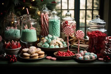 A festive dessert table featuring a variety of holiday-themed treats, from gingerbread cookies to peppermint bark.
