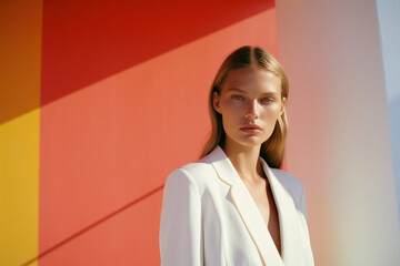 woman/model in a colorful daylight clean/natural beauty commercial portrait long hair and a thoughtful expression in a fashion/beauty editorial magazine style film photography look - generative ai art