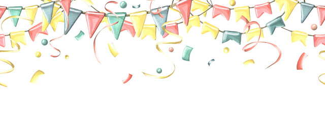 Hanging garlands with flags, confetti, ribbons and serpentine. Watercolor illustration, hand drawn. Seamless border festive for birthday on a white background.