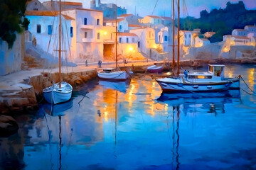 Fototapeta na wymiar A vibrant generative AI artwork painting portraying a cozy Mediterranean harbor at night, illuminated by warm lights, evoking vacation memories.