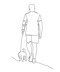 Fototapeta na wymiar Man with small dog jogging. Mobile phone is in hand holder. Back view. Vector illustration in line art style. 