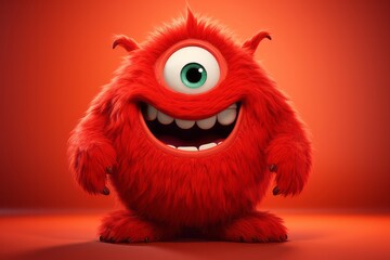 Cute red furry monster 3D cartoon character - obrazy, fototapety, plakaty