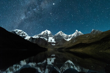 Chasing the Milky Way  and Jupiter reflected in the lake Carhuacocha at the Huyahuash Mountains in Peru.