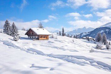 Fototapeta na wymiar Wooden cottage house under the snow, winter mountain landscape. 