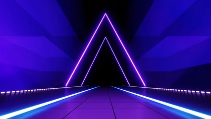 Foto op Plexiglas 3d abstract technology glowing neon fast speed light background, empty space scene, reflection floor, virtual reality, cyber space futuristic sci-fi background, motion line high speed for mock up. © TANATPON