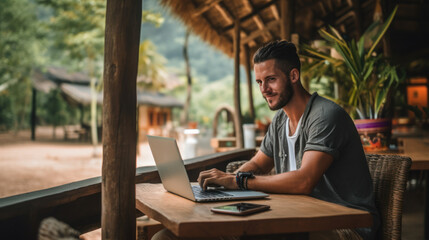 Young lifestyle digital nomad working on the laptop at Laos - obrazy, fototapety, plakaty