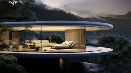 Fototapeta premium Ultra-Modern Futuristic House that Connects a Room to Nature Overlooking a Beautiful View
