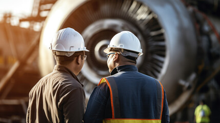 Two Engineer talking at engine airplane constructions site - obrazy, fototapety, plakaty