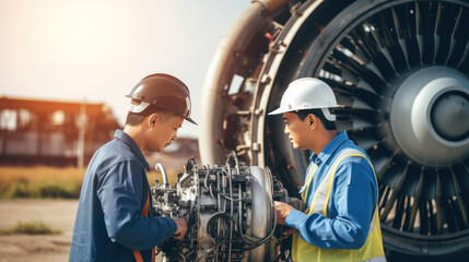 Two Engineer talking at engine airplane constructions site